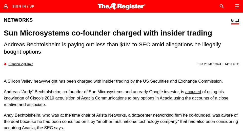 Screenshot of theregister.com: Andy Bechtolsheim charged with insider trading