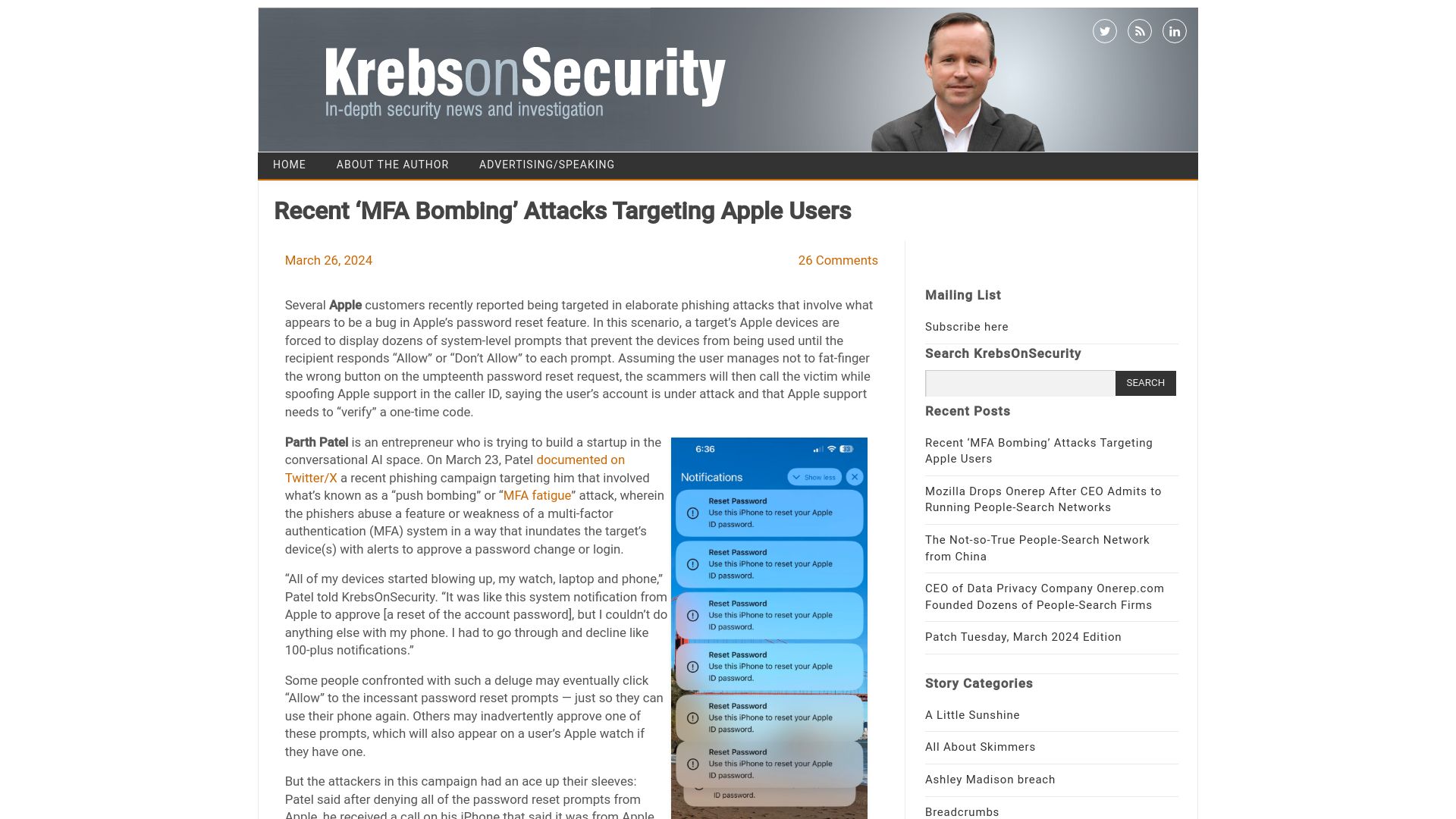 Screenshot of krebsonsecurity.com: Recent 'MFA Bombing' Attacks Targeting Apple Users