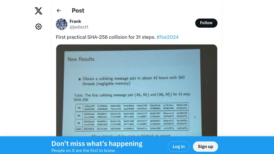 Screenshot of twitter.com: First practical SHA-256 collision for 31 steps. fse2024