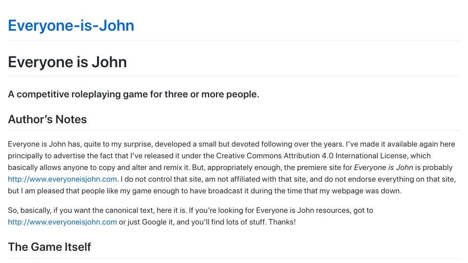 Screenshot of rtwolf.github.io: Everyone is John: A competitive roleplaying game for three or more people (2002)