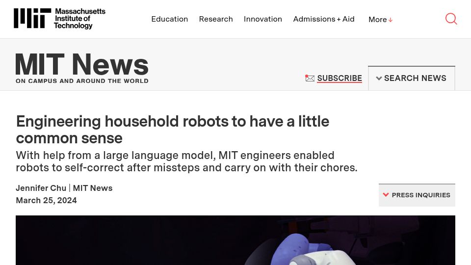 Screenshot of news.mit.edu: Engineering household robots to have a little common sense