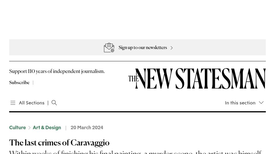 Screenshot of newstatesman.com: The last crimes of Caravaggio