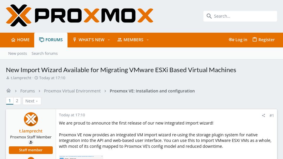 Screenshot of forum.proxmox.com: Proxmox VE: Import Wizard for Migrating VMware ESXi VMs