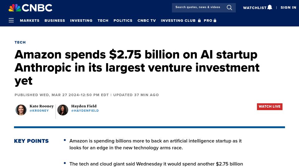 Screenshot of cnbc.com: Amazon spends another $2.7B on Anthropic
