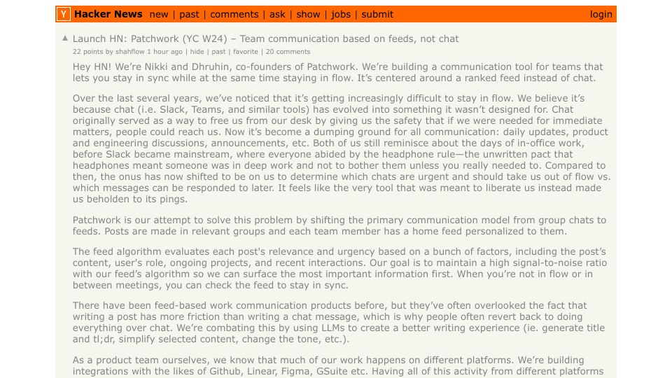 Screenshot of Hacker News post: Launch HN: Patchwork (YC W24) – Team communication based on feeds, not chat