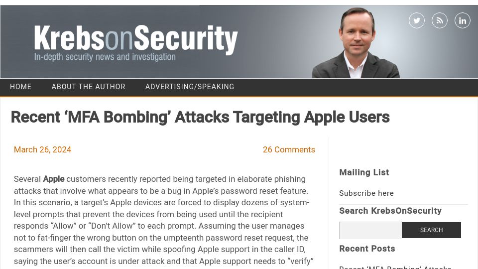 Screenshot of krebsonsecurity.com: Recent 'MFA Bombing' Attacks Targeting Apple Users