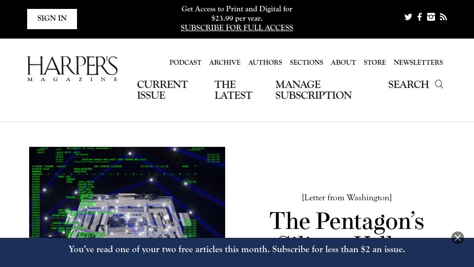 Screenshot of harpers.org: The Pentagon's Silicon Valley Problem