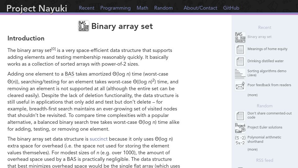 Screenshot of nayuki.io: Binary array set