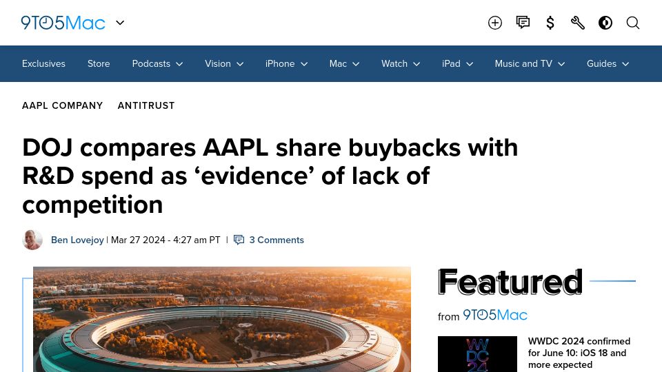 Screenshot of 9to5mac.com: DOJ compares AAPL share buybacks with R&D as 'evidence' of lack of competition