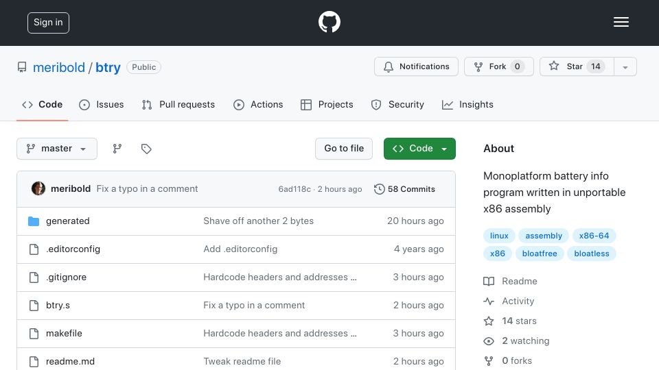 Screenshot of github.com: Show HN: A (marginally) useful x86-64 ELF executable in 466 bytes