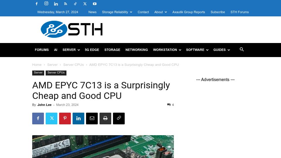 Screenshot of servethehome.com: AMD EPYC 7C13 Is a Surprisingly Cheap and Good CPU