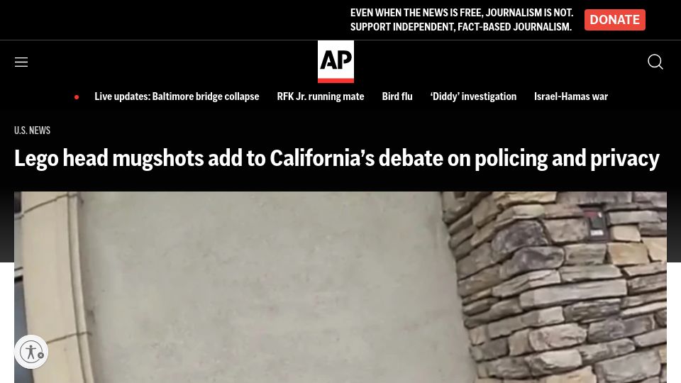 Screenshot of apnews.com: Lego head mugshots add to California's debate on policing and privacy