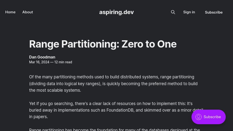 Screenshot of aspiring.dev: Range Partitioning: Zero to One