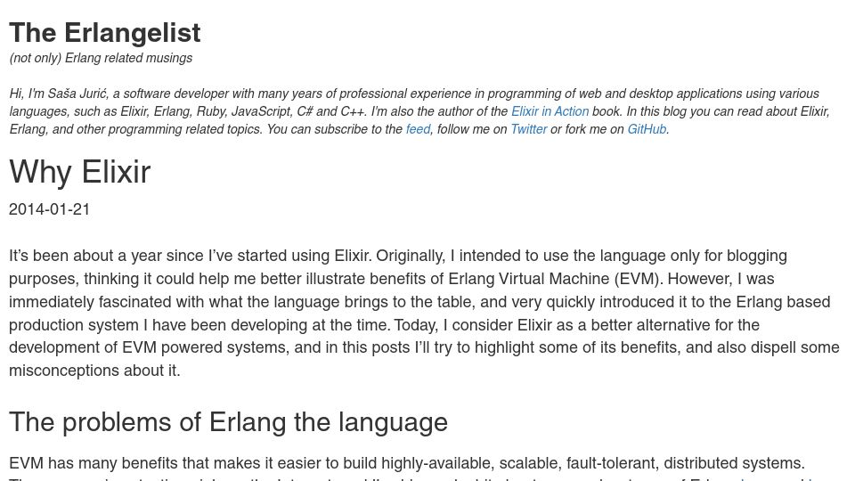 Screenshot of theerlangelist.com: Why Elixir (2014)