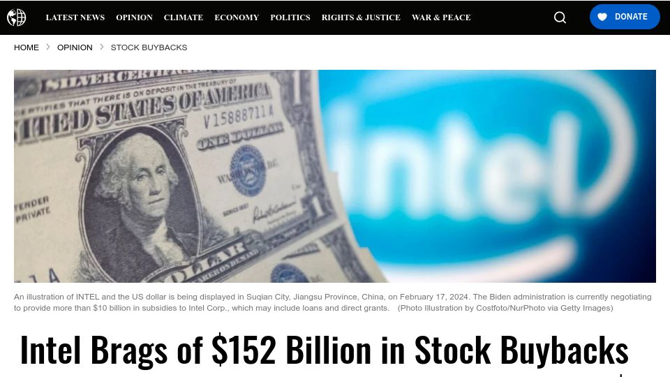 Screenshot of commondreams.org: Intel Brags of $152B in Stock Buybacks. Why Does It Need an $8B Subsidy?