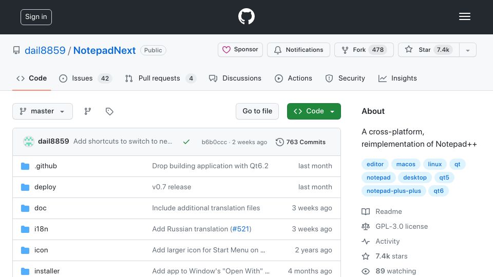 Screenshot of github.com: NotepadNext – a cross-platform reimplementation of Notepad++