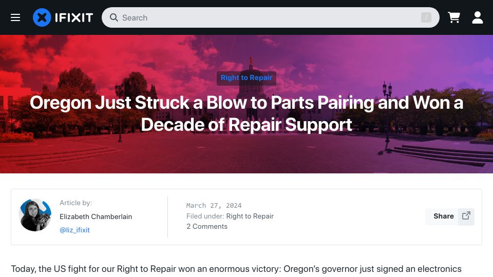 Screenshot of ifixit.com: Oregon Just Struck a Blow to Parts Pairing and Won a Decade of Repair Support