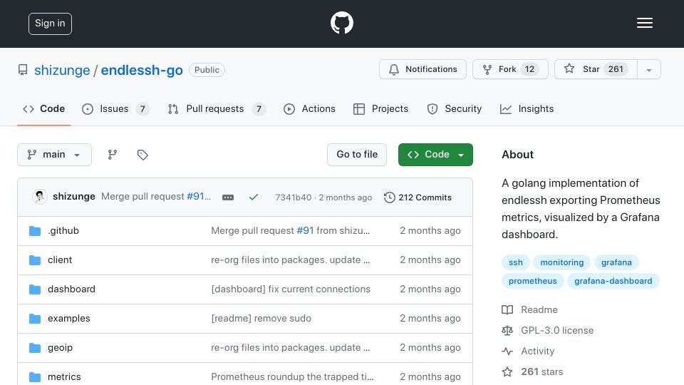 Screenshot of github.com: Endlessh-go: a Golang SSH tarpit that traps bots/scanners