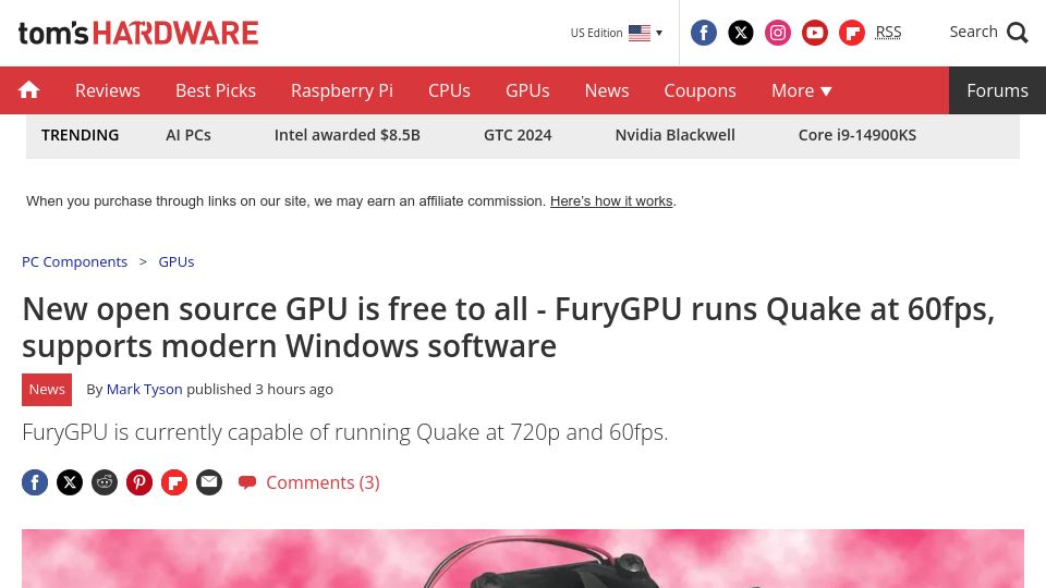 Screenshot of tomshardware.com: New open source GPU is free to all
