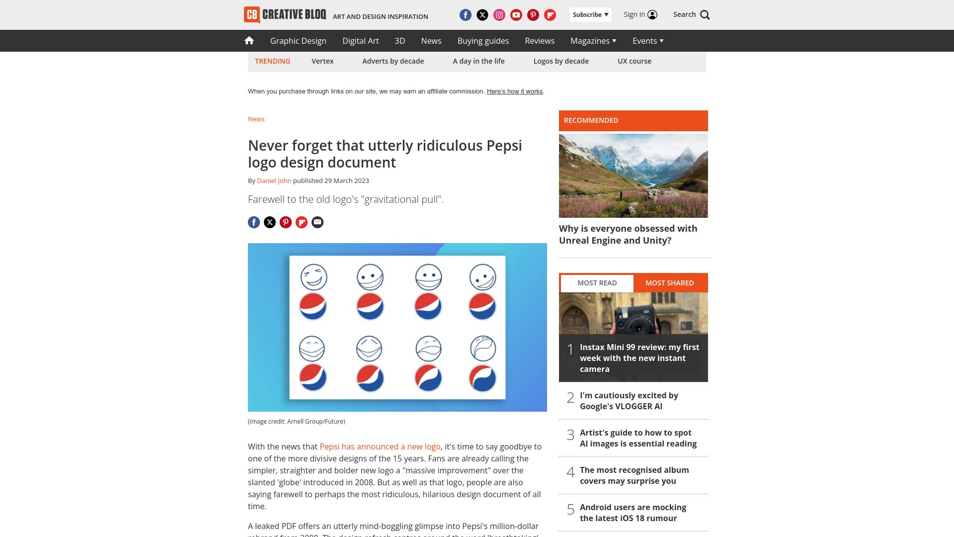 Screenshot of creativebloq.com: Never forget that utterly ridiculous Pepsi logo design document (2023)