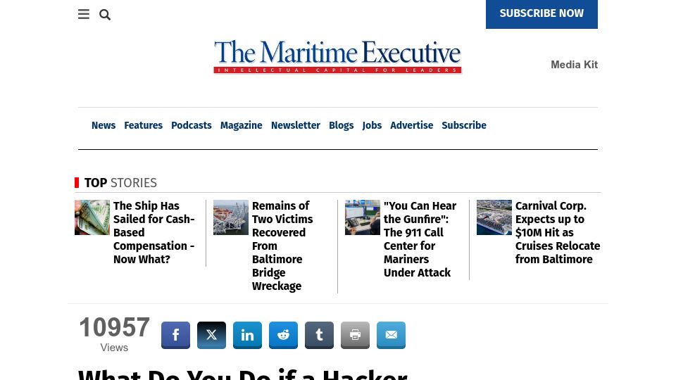 Screenshot of maritime-executive.com: What do you do if a hacker takes control of your ship? (2023)