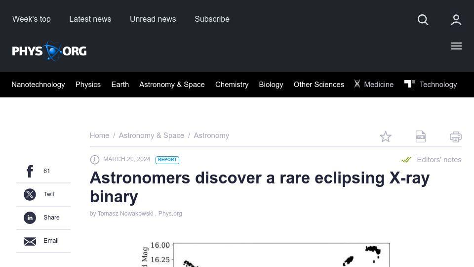 Screenshot of phys.org: Astronomers discover a rare eclipsing X-ray binary