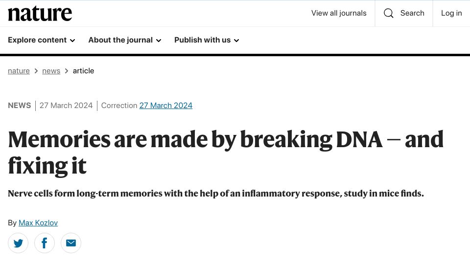 Screenshot of nature.com: Memories are made by breaking DNA – and fixing it