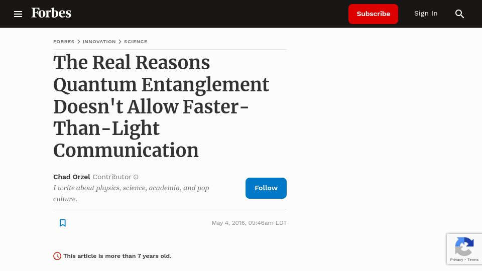 Screenshot of forbes.com: Why quantum entanglement doesn't allow faster-than-light communication (2016)