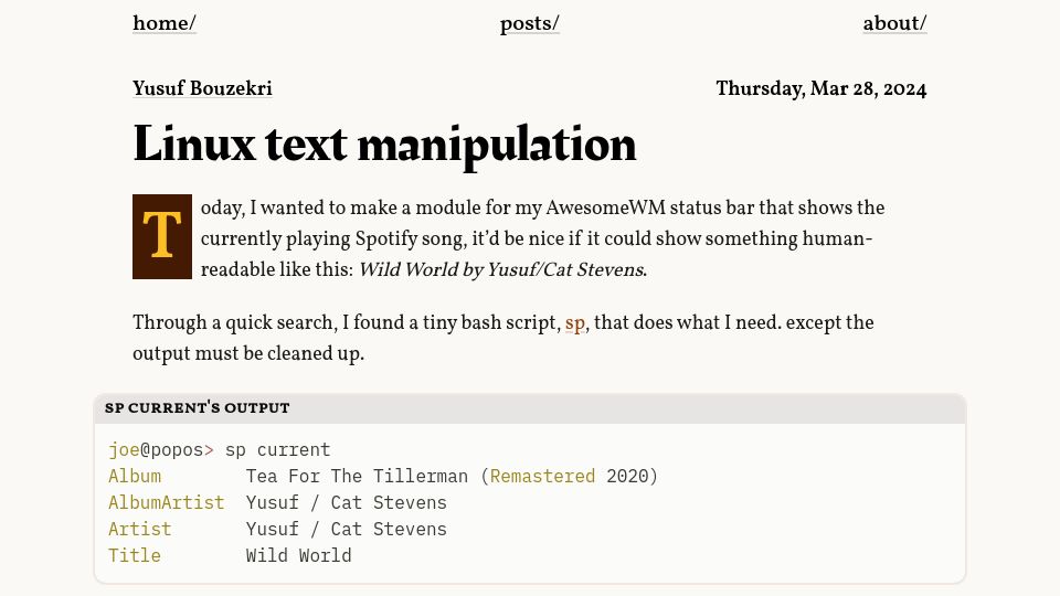 Screenshot of yusuf.fyi: Linux Text Manipulation