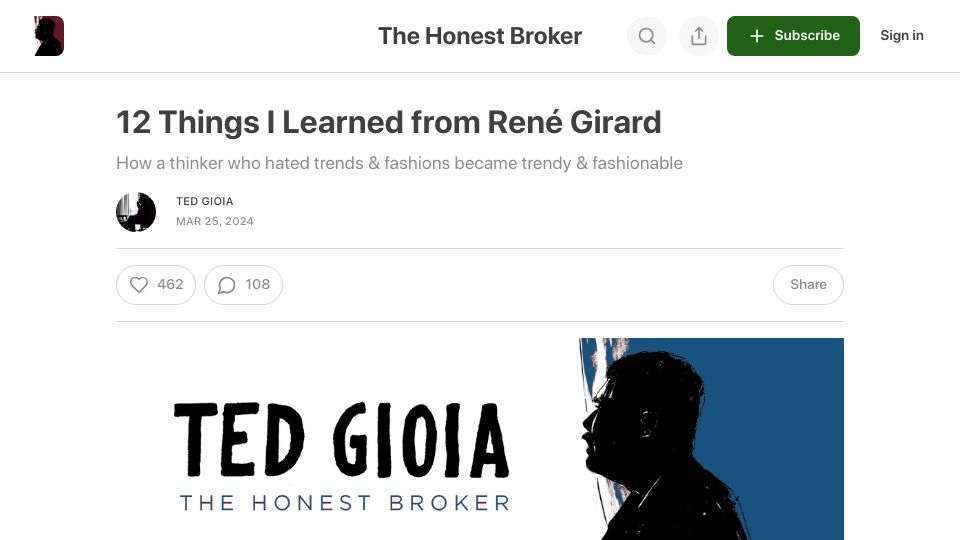 Screenshot of honest-broker.com: Things I Learned from René Girard