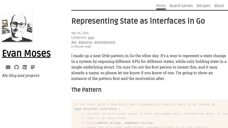 Screenshot of emoses.org: Representing State as Interfaces in Go