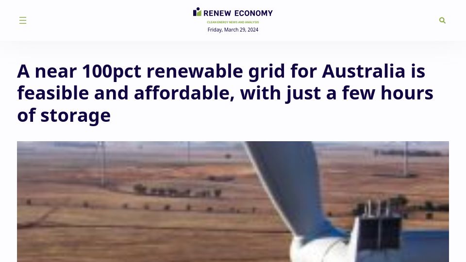 Screenshot of reneweconomy.com.au: A near 100pct renewable grid for Australia is feasible and affordable