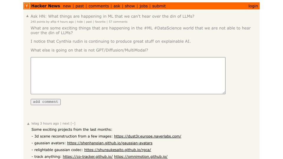 Screenshot of Hacker News post: Ask HN: What things are happening in ML that we can't hear over the din of LLMs?