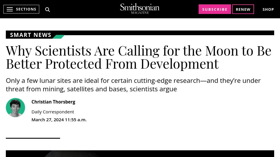 Screenshot of smithsonianmag.com: Why Scientists Are Calling for the Moon to Be Better Protected from Development