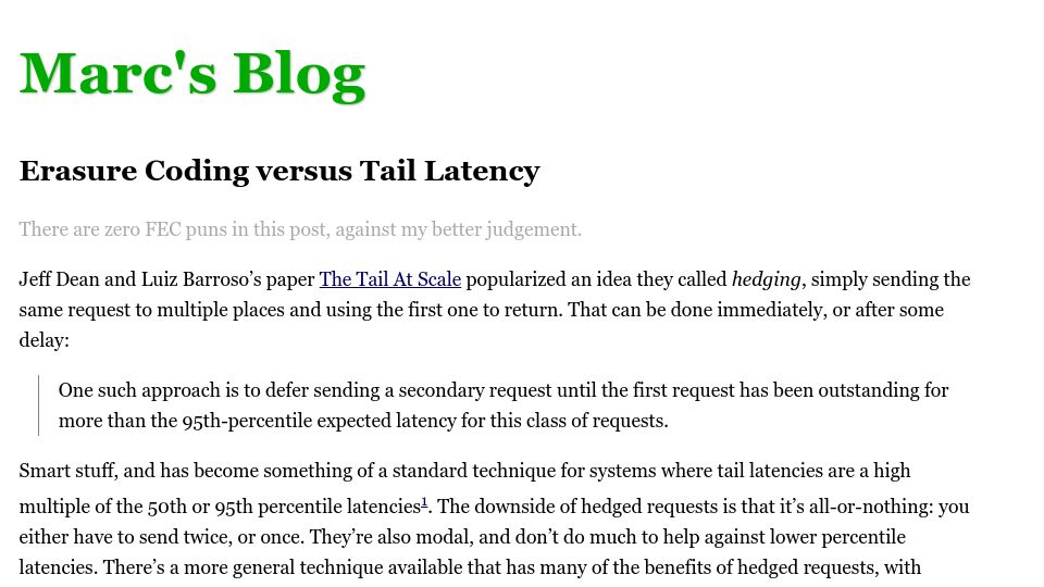 Screenshot of brooker.co.za: Erasure Coding versus Tail Latency