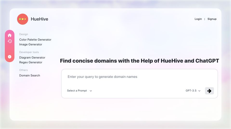 Screenshot of huehive.co: Show HN: I taught ChatGPT to find cool domain names – with availability check