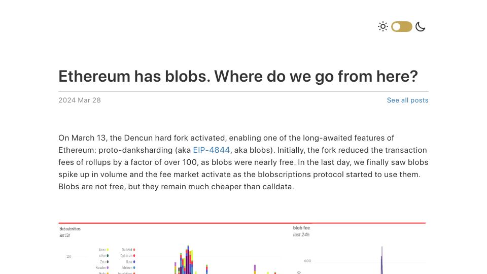 Screenshot of vitalik.eth.limo: Ethereum has blobs. Where do we go from here?