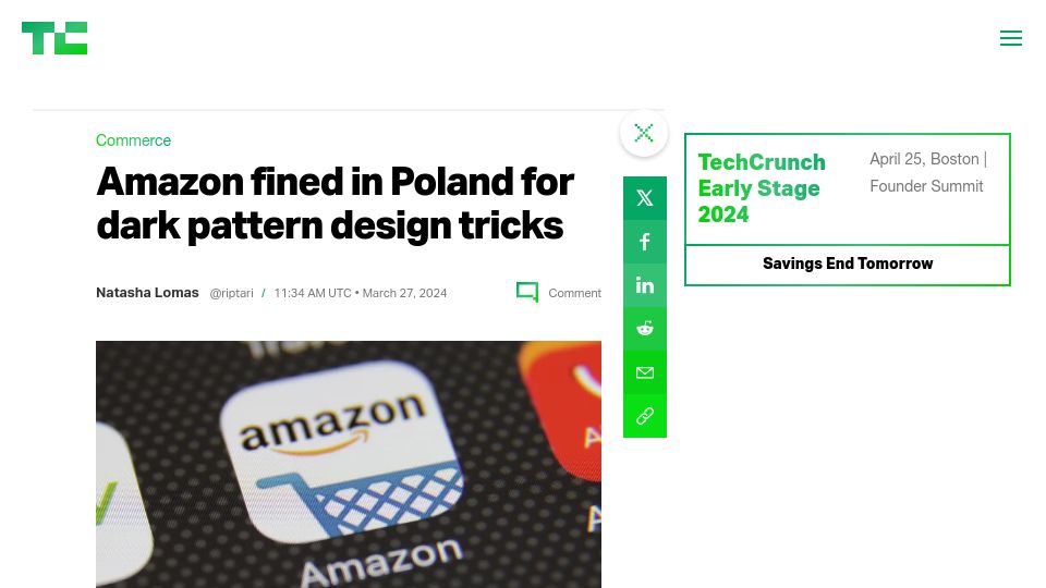 Screenshot of techcrunch.com: Amazon fined in Poland for dark pattern design tricks