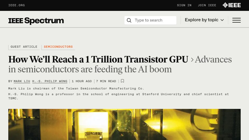 Screenshot of spectrum.ieee.org: Advances in semiconductors are feeding the AI boom