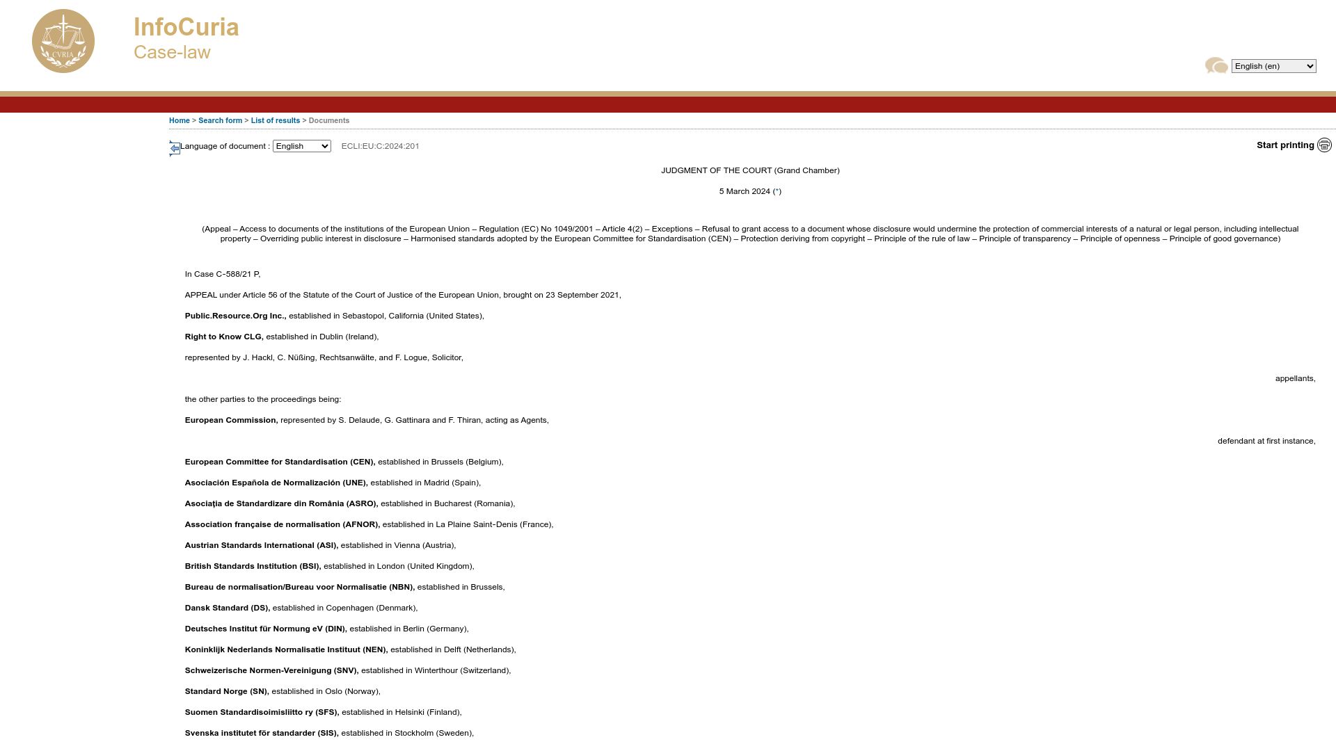 Screenshot of curia.europa.eu: ECJ rules that four specific safety standards must be freely available
