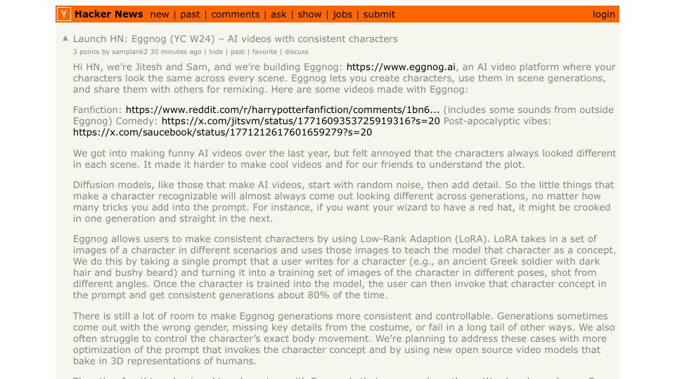 Screenshot of Hacker News post: Launch HN: Eggnog (YC W24) – AI videos with consistent characters
