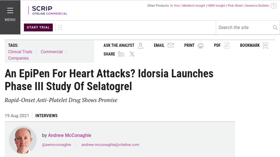 Screenshot of scrip.citeline.com: EpiPen For Heart Attacks? Idorsia Launches Phase III Study Of Selatogrel (2021)