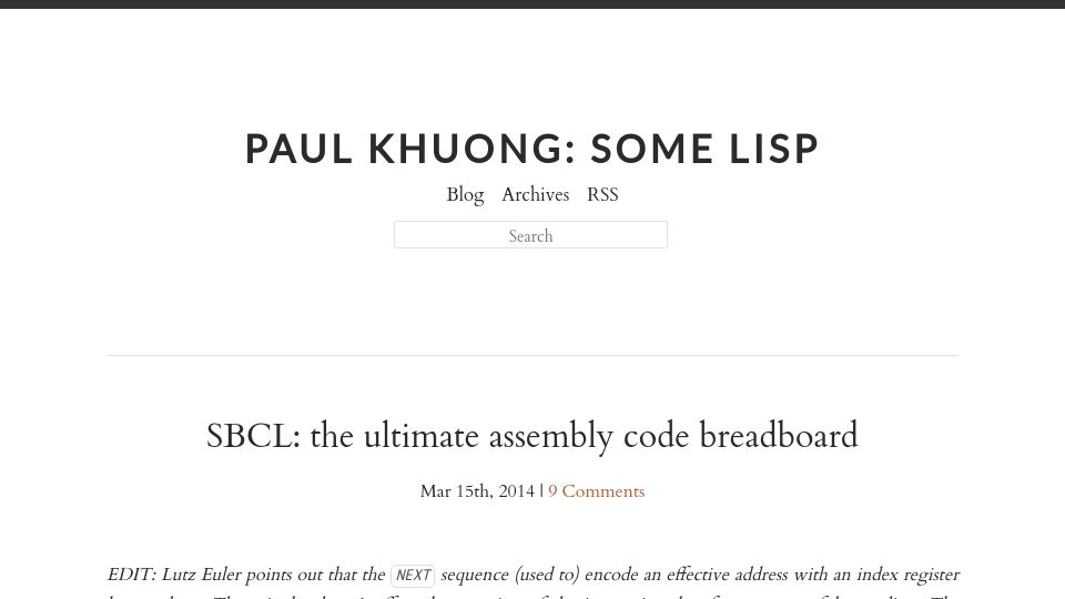 Screenshot of pvk.ca: SBCL: The Assembly Code Breadboard