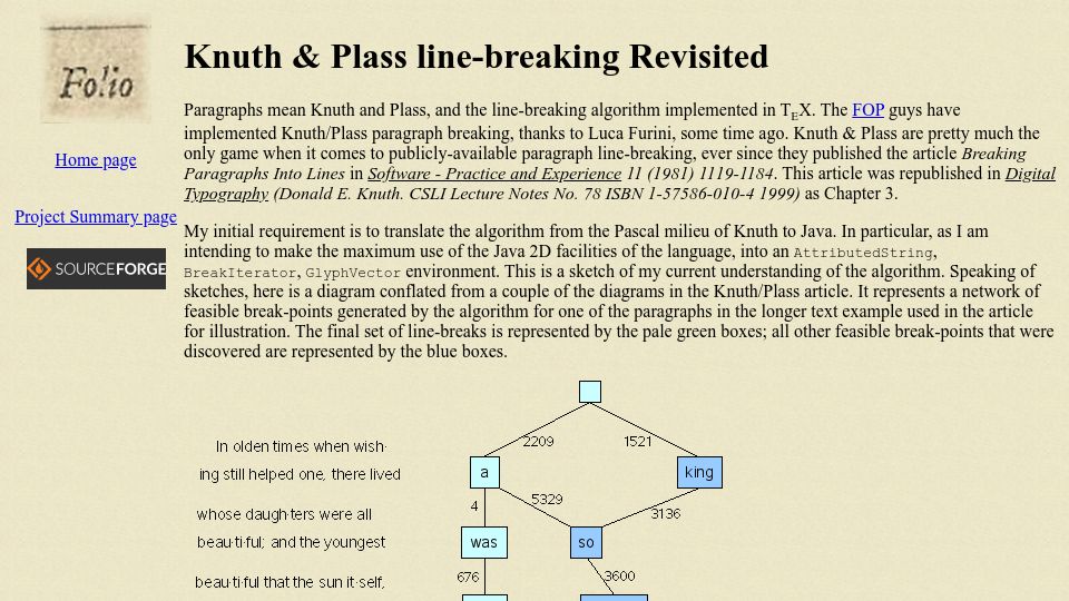 Screenshot of defoe.sourceforge.net: Knuth and Plass line-breaking revisited (2007)