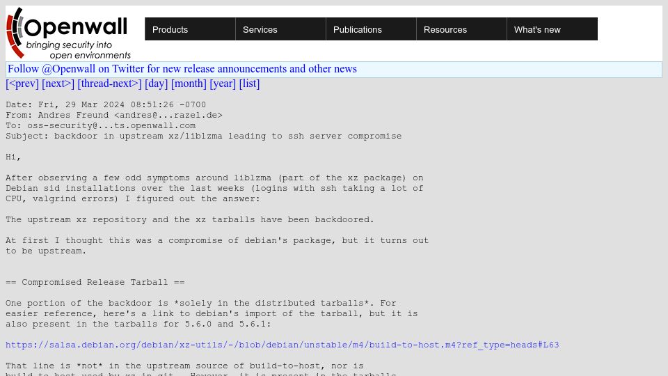 Screenshot of openwall.com: Backdoor in upstream xz/liblzma leading to SSH server compromise