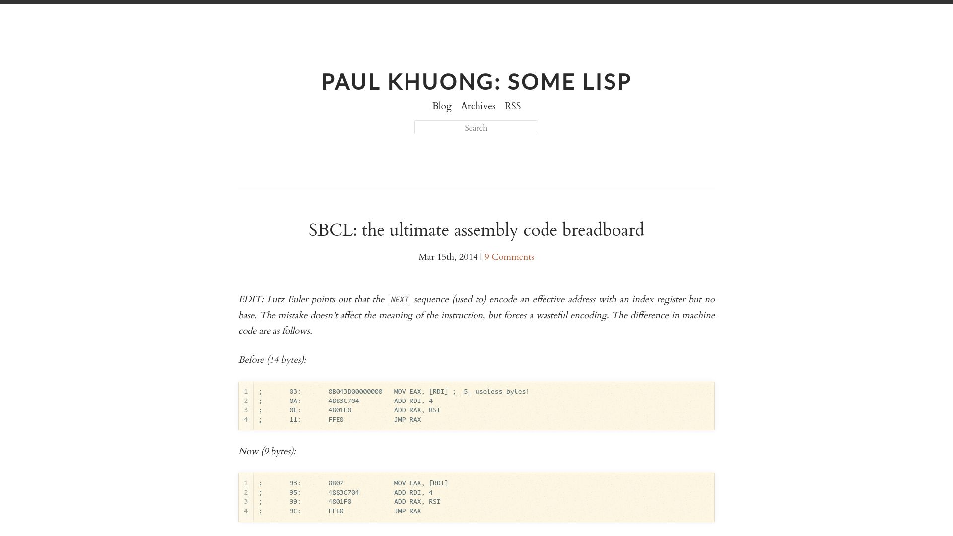 Screenshot of pvk.ca: SBCL: The Assembly Code Breadboard