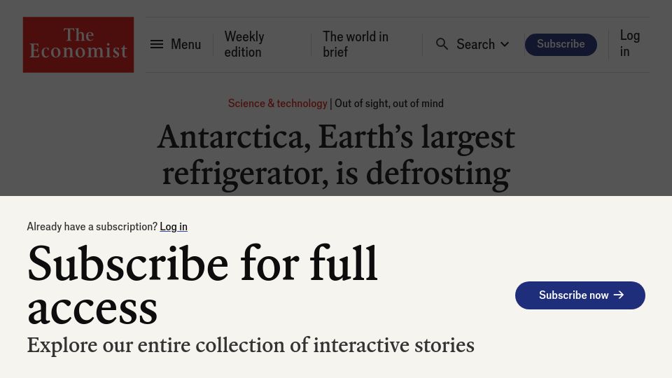 Screenshot of economist.com: Antarctica, Earth's largest refrigerator, is defrosting