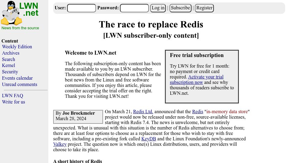Screenshot of lwn.net: The race to replace Redis