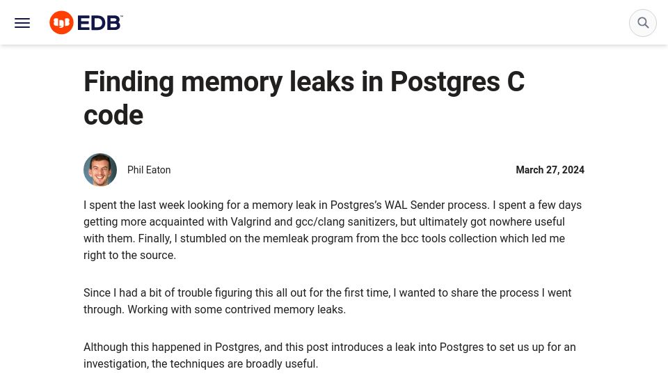 Screenshot of enterprisedb.com: Finding memory leaks in Postgres C code
