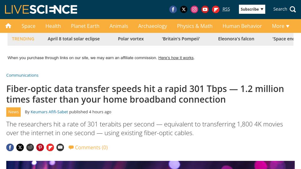 Screenshot of livescience.com: Fiber-optic data transfer speeds hit a rapid 301 Tbps